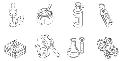 A collection of skincare and beauty icons including serum, cream, laboratory bottles, and magnifying glass in outline vector style, perfect for beauty and wellness branding