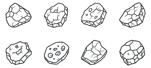 A collection of eight unique outline rocks in black and white vector style, perfect for geological illustrations and design projects