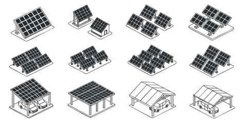 Fototapeta premium A collection of solar panel designs and installations in isometric vector style, suitable for renewable energy projects and environmental themes
