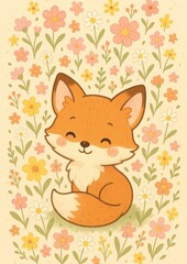 Obraz premium Cute fox amidst floral background.