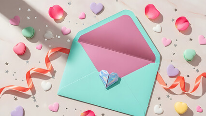 Bright flat lay of an open teal envelope with a holographic origami heart surrounded by pastel macarons and confetti