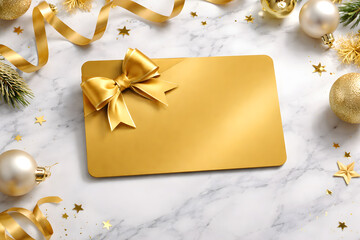 A gold gift card with a ribbon on a marble surface surrounded by Christmas decorations