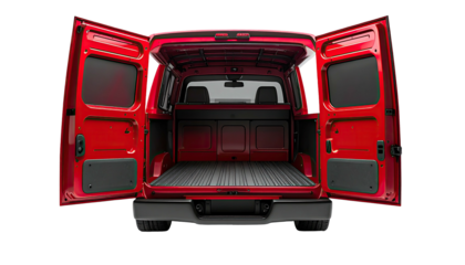 Open-door view of a red cargo van interior, revealing a spacious cargo area, and rear seats