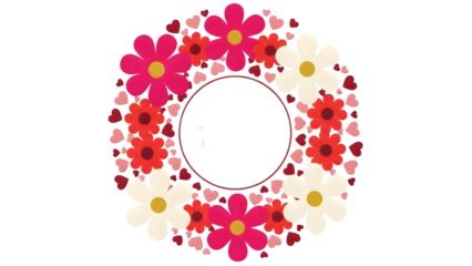 Floral wreath frame with pink and white daisies isolated on transparent background
