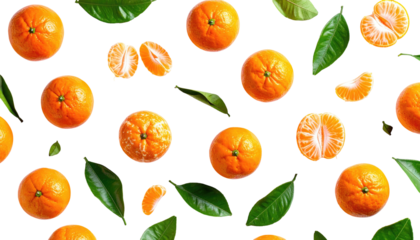 Oranges, citrus segments, and leaves artfully arranged on a black background