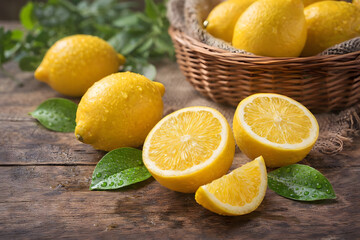 Fresh lemons and leaves on a rustic wooden table with a wicker basket
