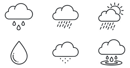 Fototapeta premium A collection of weather icons featuring clouds, rain drops, and sun in minimalist outline vector style, suitable for weather apps and designs