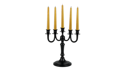 Ornate black candelabra holding five gold candles against a dark, minimalist background