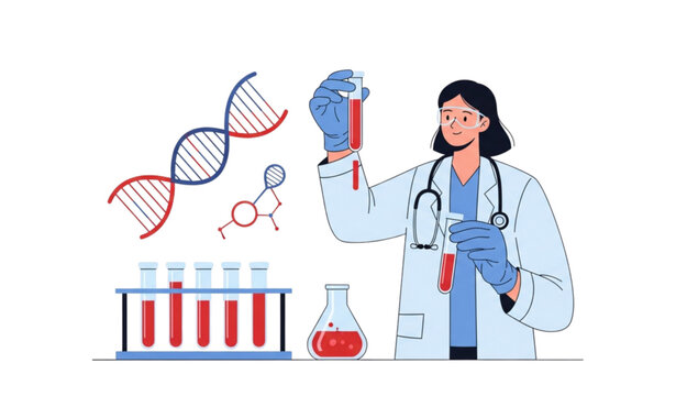 Medical laboratory blood testing and DNA analysis flat vector illustration