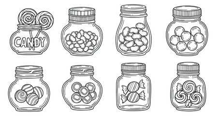 A collection of candy jars with various sweets including lollipops and candies in black and white outline vector style, perfect for confectionery branding and packaging