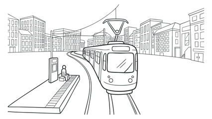 A tram on a curved railway track in an outline vector style, featuring urban buildings and a waiting passenger, suitable for transportation-themed projects