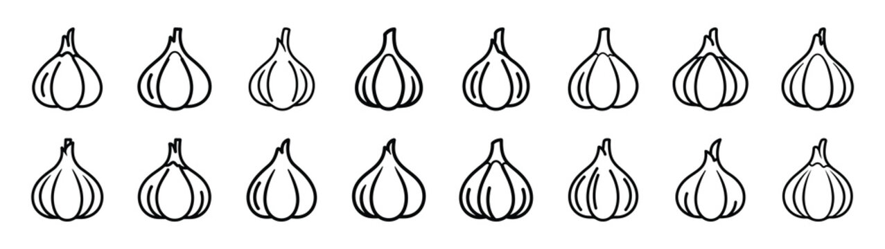 Set of 16  garlic bulb outline food icons related. Editable stroke icons collection