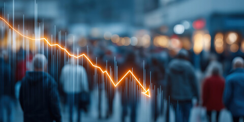 Falling orange chart overlays blurred crowd, symbolizing economic downturn.