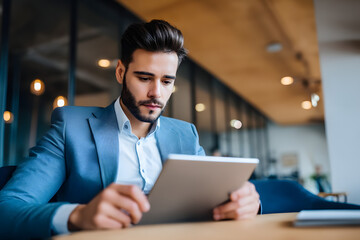 Man sitting in a modern cafe looking at a tablet while dressed in a suit during the afternoon