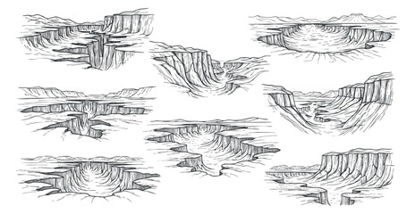 A collection of hand-drawn canyon landscapes in black and white sketch style, suitable for environmental illustrations or educational materials
