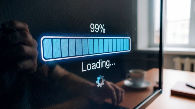 Almost ready loading progress on modern computer screen in office - Powered by Adobe