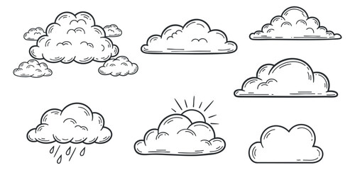 Obraz premium A collection of various cloud illustrations in outline vector style, ideal for weather-related designs and creative projects