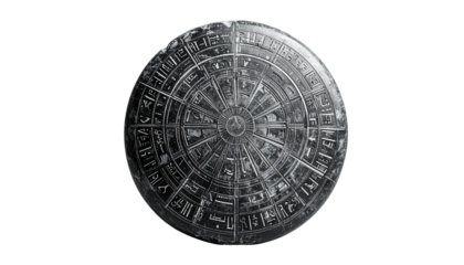 Ornate metallic disc against black background with intricate radial patterns and inscriptions