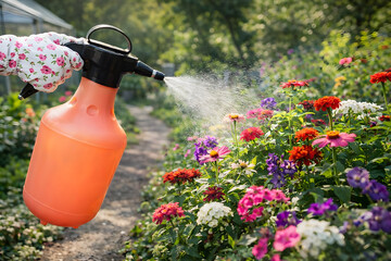 A person spraying a colorful garden with an orange spray bottle on a sunny day