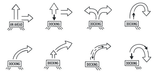 A collection of docking direction icons featuring arrows and labels in minimalist black and white vector style, ideal for navigation and signage design
