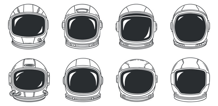A collection of astronaut helmets in black and white outline vector style, ideal for space-themed designs and projects