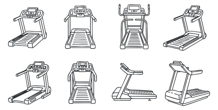 A collection of eight treadmill illustrations in clean outline vector style, suitable for fitness and health-related projects