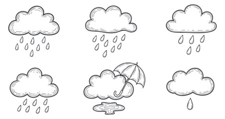 Obraz premium A collection of cloud and rain icons in outline vector style, suitable for weather-related designs and illustrations