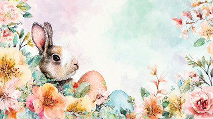 Easter banner shows a cute bunny surrounded by colorful flowers and eggs on a soft pastel background with space for a logo or greeting text