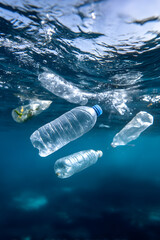 Plastic bottles floating in ocean water during daytime, illustrating marine pollution and waste problem