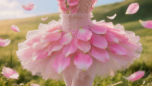A creative and surreal shot of a ballerina's waist wearing a delicate pink tutu handcrafted from soft flower petals. The scene is set in a sunny green field with rose petals gently floating in the air