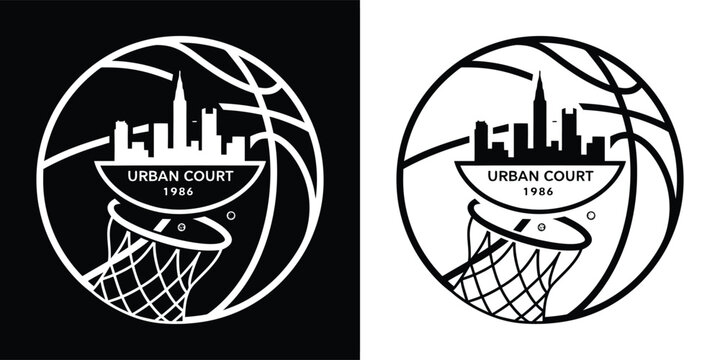 Black and white logo design featuring a basketball rim cityscape and text commemorating urban court heritage from 1986