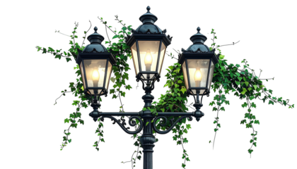 Ornate triple-lamp post with green ivy against a black backdrop