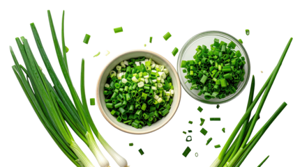 Overhead shot displays fresh green onions, cut and whole, in bowls, and scattered