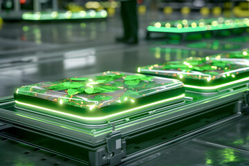 Green technology on display with glowing devices and plant motifs in a factory setting during daylight hours