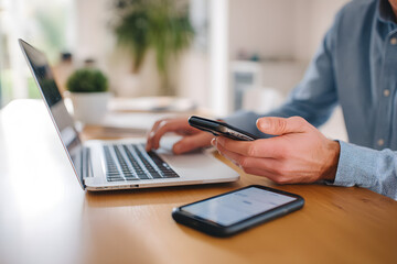 Using a laptop while checking a smartphone at a wooden desk in a bright indoor space during daytime