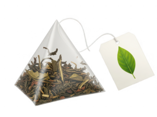 Tea pyramid bag with loose leaves isolated on transparent background