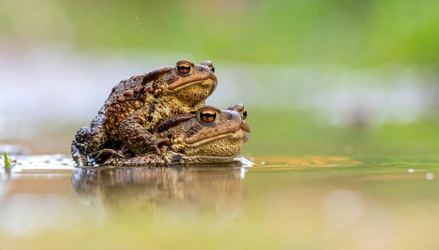 Two European Common Toads Mating in Shallow Water.