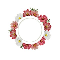Fototapeta premium Elegant round floral frame for wedding invitations and romantic botanical design Isolated on white. Watercolor flower wreath with pink and white blossoms and leaves. 