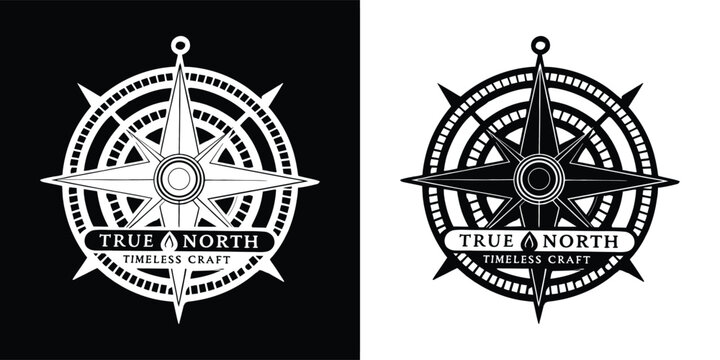 Compass rose logo design featuring the text true north timeless craft shown in contrasting black and white versions