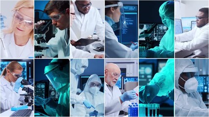 Technology and medical concept. Scientists, lab equipment and microscopes in biomedical innovations and clinical studies. Ideal for educational content. Vertical videos. - Powered by Adobe