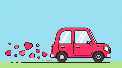 Whimsical red cartoon car traveling and emitting small red hearts from its tailpipe against a clear sky
