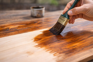 A person applying a rich brown stain to a wooden surface with a brush