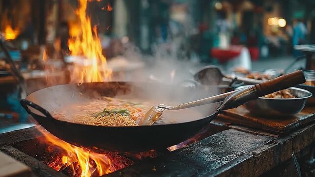 Vibrant Street Food Scene Featuring a Wok with Stir-Fried Noodles Over an Open Flame in a Bustling Market