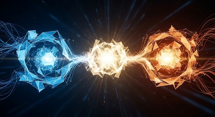 Abstract representation of energy transfer between two glowing orbs.