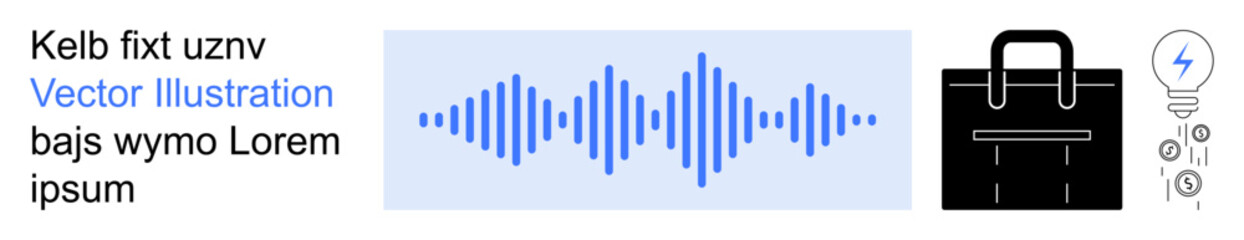 Obraz premium Technology, digital communication, modern work, data transfer, portable devices, energy usage. Visuals include a blue audio waveform, a black briefcase icon and an electrical symbol. Technology