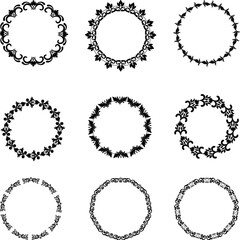Obraz premium A vintage set of round floral vector frames with decorative borders, ornate swirl patterns, and elegant black design elements