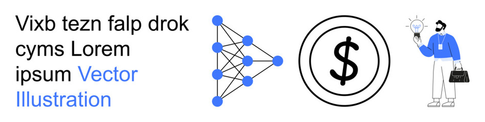 Artificial intelligence, innovation, finance, data processing, business solutions, creative thinking. Neural network diagram, dollar symbol businessman holding lightbulb. Artificial intelligence