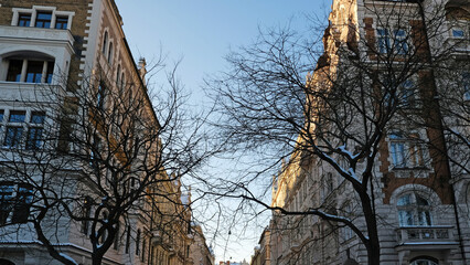 Typical Historic Prague architecture, ornate Neo-Renaissance and Neo-Baroque facades. Exterior view...