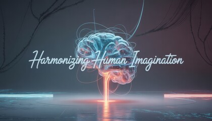 A futuristic illustration of a human brain with glowing neon lights representing harmonized imagination and creativity
