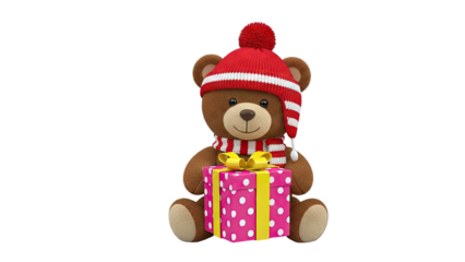 Teddy Bear Wearing Winter Hat and Scarf Holding a Gift Box